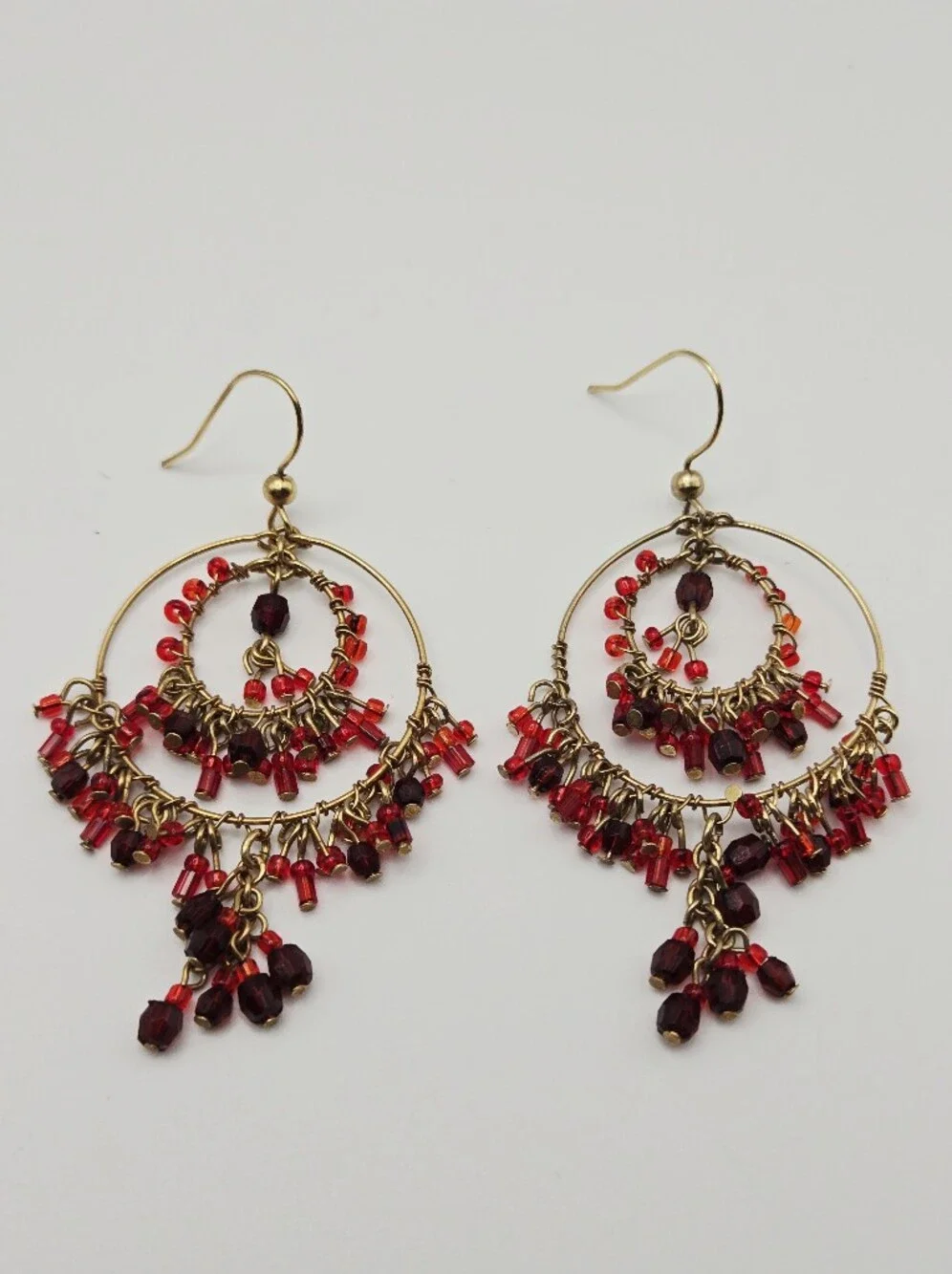 Vintage Gold Tone Hoop Chandelier Earrings with Red Beads